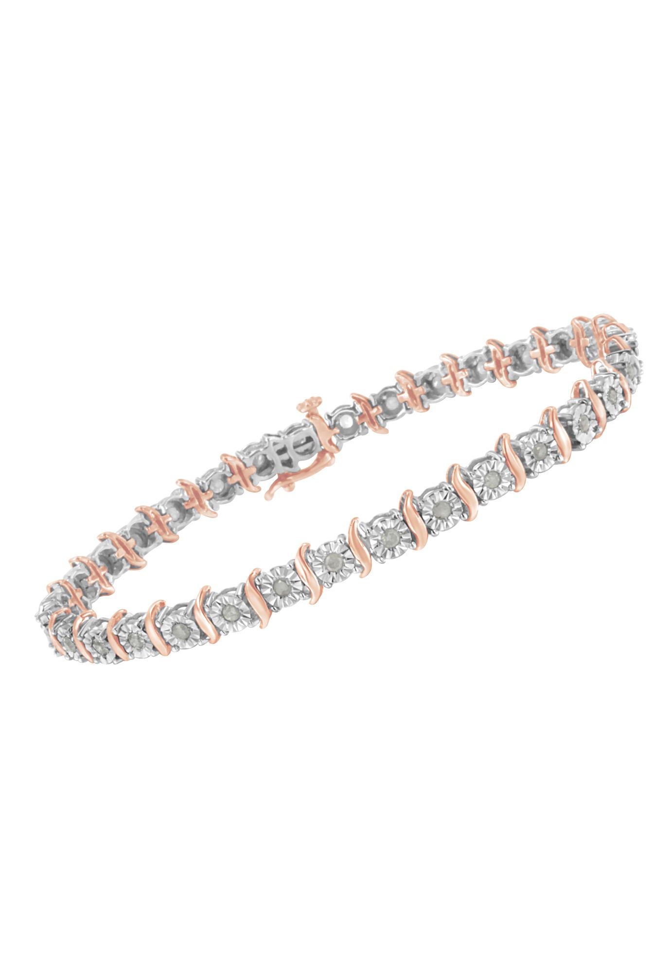 Two Tone Rose Gold Over Sterling Silver Diamond Scurve Link Miracleset Tennis Bracelet 8 inches, , alternate image number 2