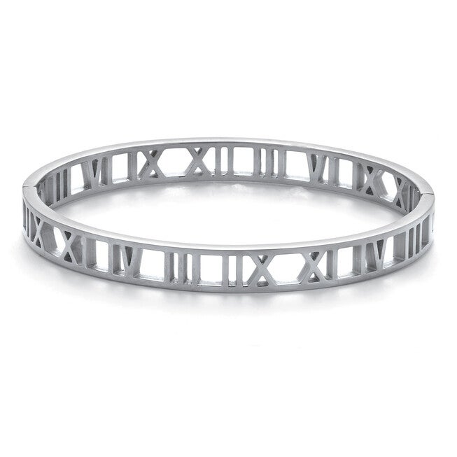 Roman Numeral Stainless Steel Bangle Bracelet, SILVER, hi-res image number 0