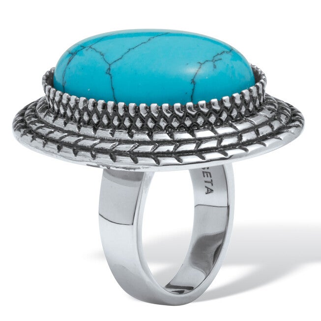 Stainless Steel Turquoise Boho Cocktail Ring, BLUE, on-hover image number 1