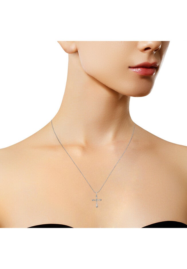 Sterling Silver Round Cut Diamond Accent Cross Pendant Necklace, , alternate image number null