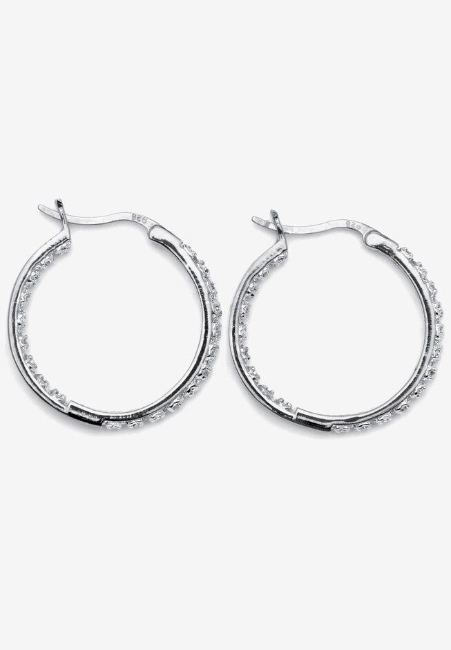 Platinum over Sterling Silver Genuine Diamond Hoop Earrings, , on-hover image number 1