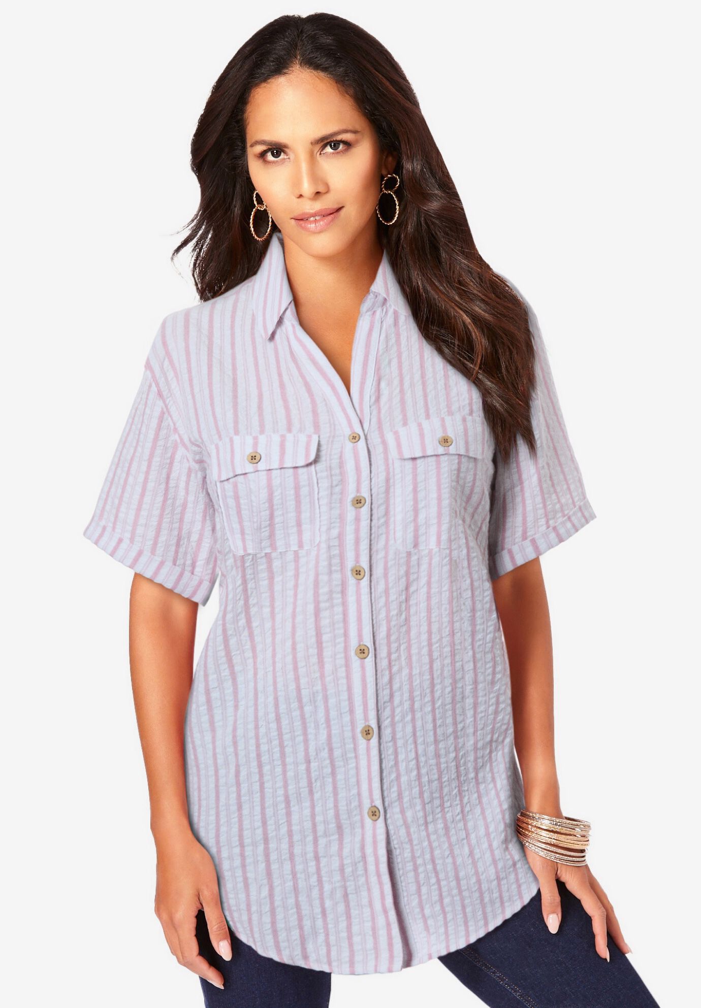 Seersucker Shirt, ROSE DOUBLE STRIPE, on-hover image number 1