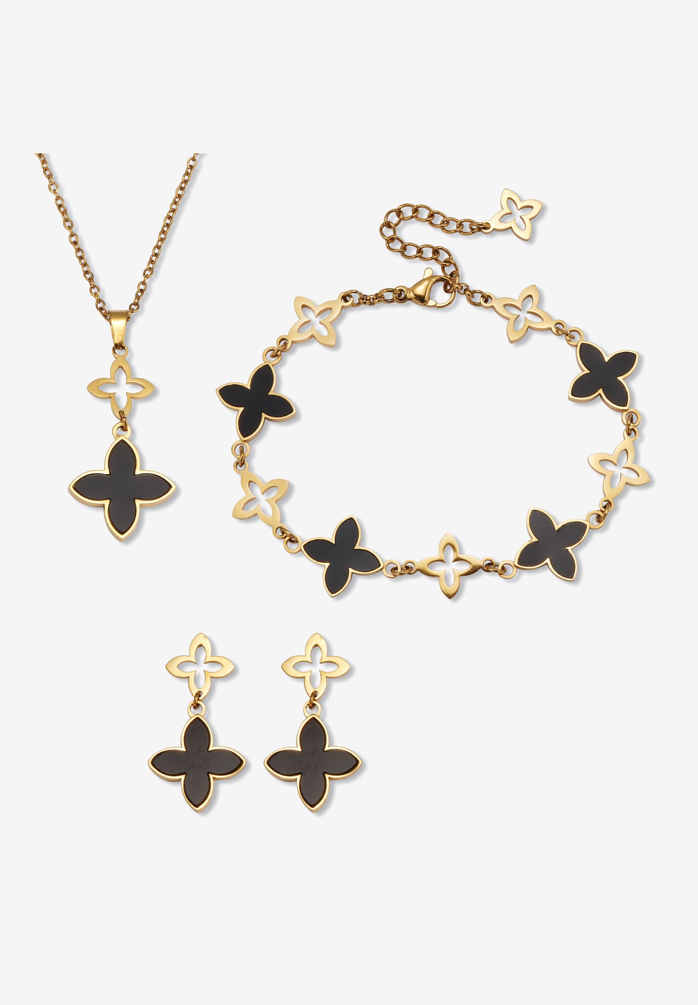 Genuine Black Mother Of Pearl Gold Ion-Plated Stainless Steel Clover Jewelry Set, BLACK, hi-res image number 0