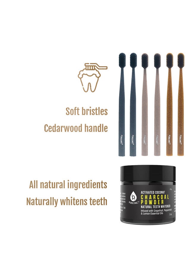 Natural Radiance Combo: Activated Coconut Charcoal Powder Natural Teeth Whitener + 100% Eco-Friendly Cedarwood Toothbrushes (6 Pack), , alternate image number null