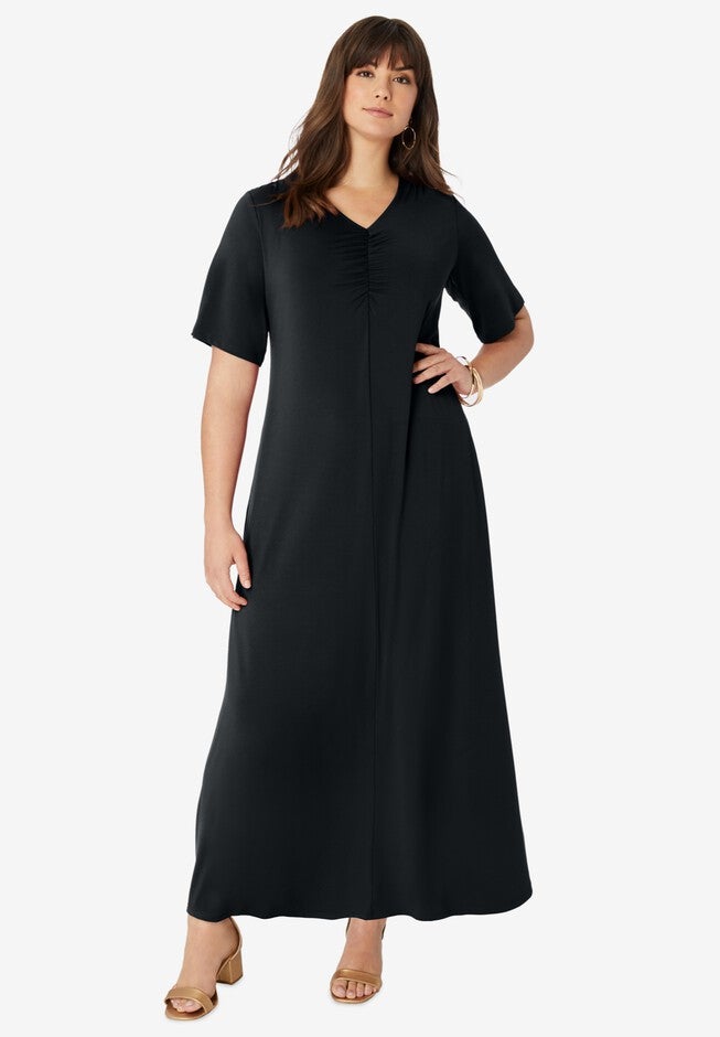 Ultrasmooth® Fabric Ruched V-Neckline Maxi Dress, BLACK, hi-res image number null