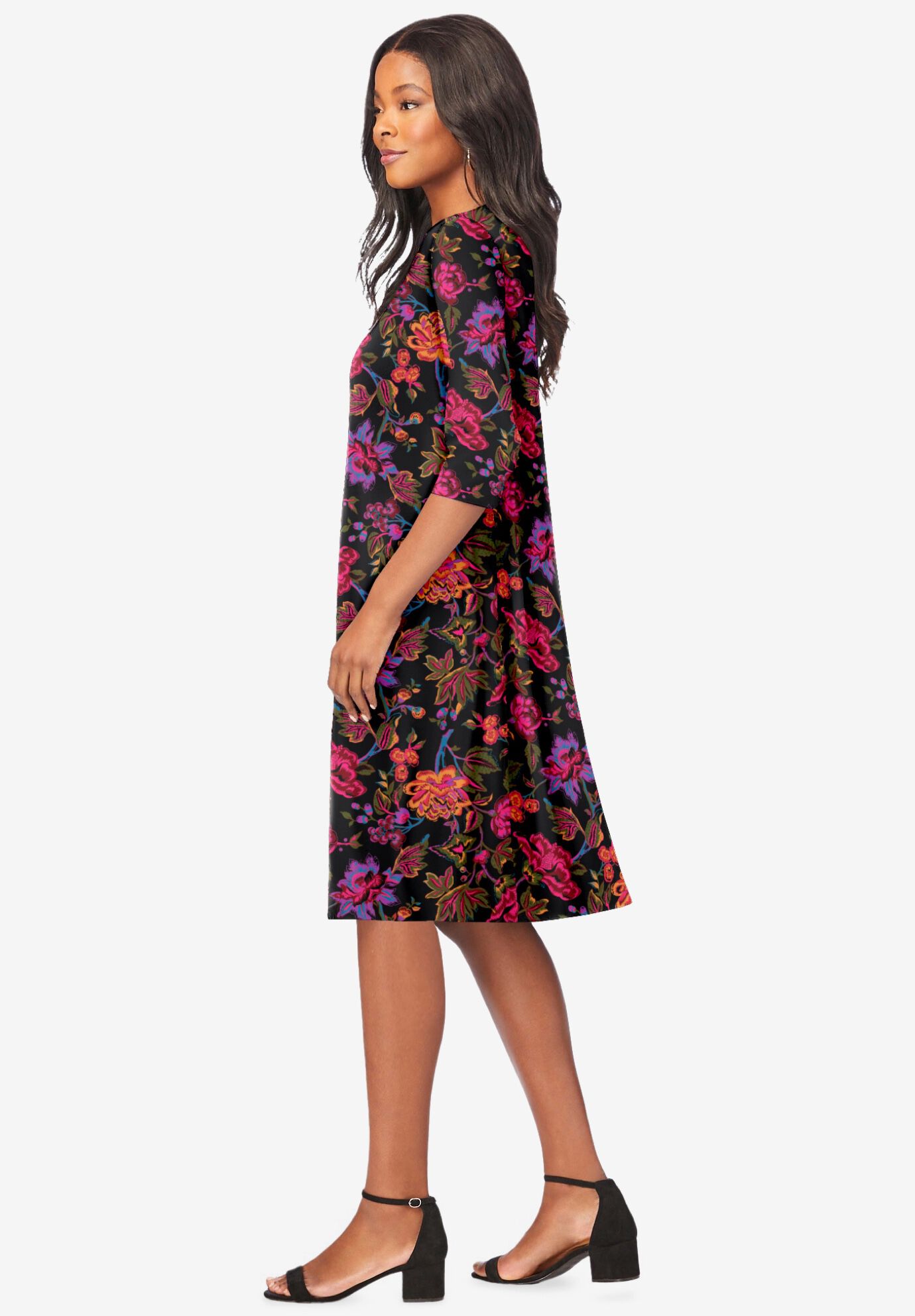 Plus Size 3/4 Sleeve Boatneck Swing Dress, MULTI BLOCK PRINT FLORAL, alternate image number 2