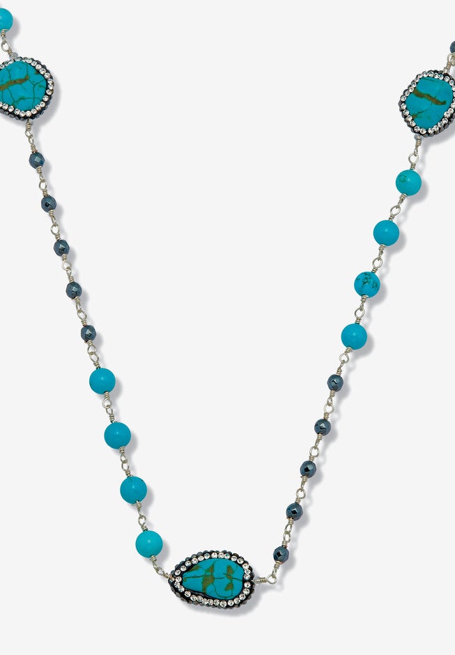 Genuine Turquoise And Crystal Silvertone Beaded Drop Necklace 36-Inch, BLUE, hi-res image number null
