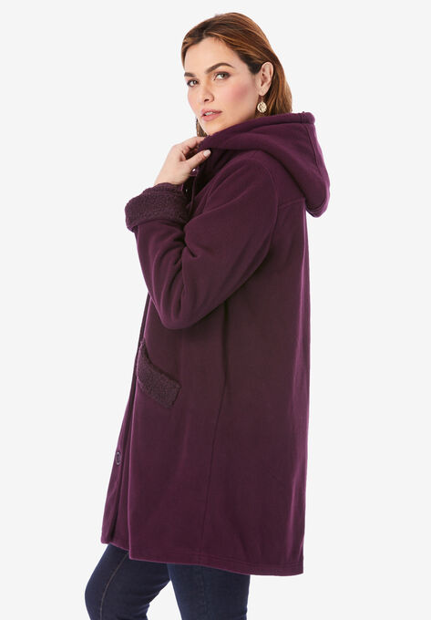 Hooded Button-Front Sherpa Coat, , alternate image number null