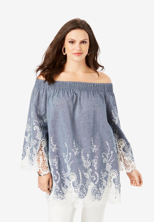 Off-The-Shoulder Chambray Tunic, LIGHT STONEWASH, hi-res image number 0
