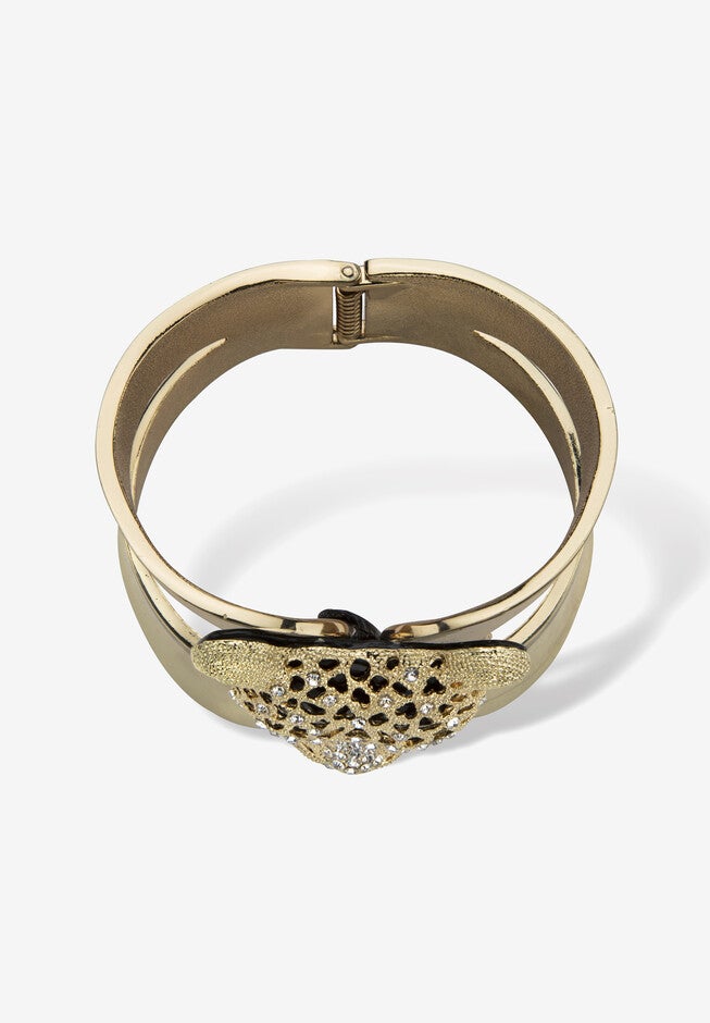 Goldtone Crystal Leopard Hinged Cuff Bangle Bracelet (50Mm), , on-hover image number 1