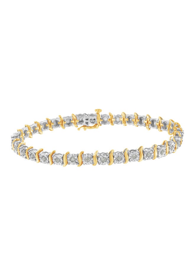Yellow Gold Over Sterling Silver Diamond Scurve Link Miracleset Tennis Bracelet 8 inches, YELLOW GOLD SILVER, hi-res image number 0