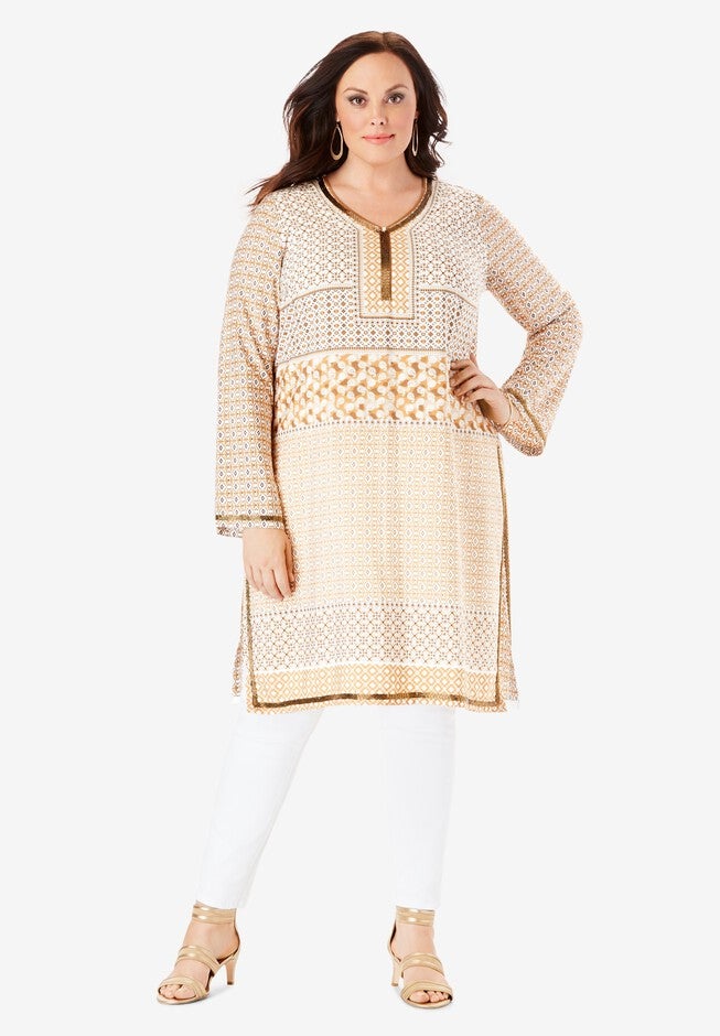 Beaded Tunic with Side Slits, NO COLOR, hi-res image number null