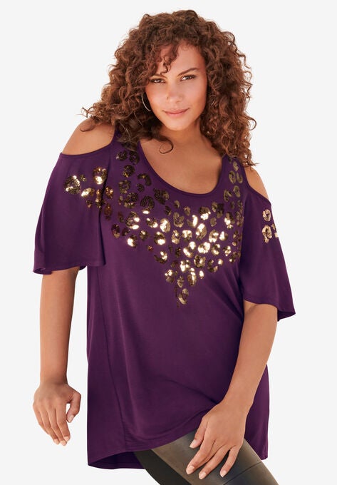 Cold-Shoulder Ultra Femme Tunic, DARK BERRY SEQUIN CHEETAH, hi-res image number null