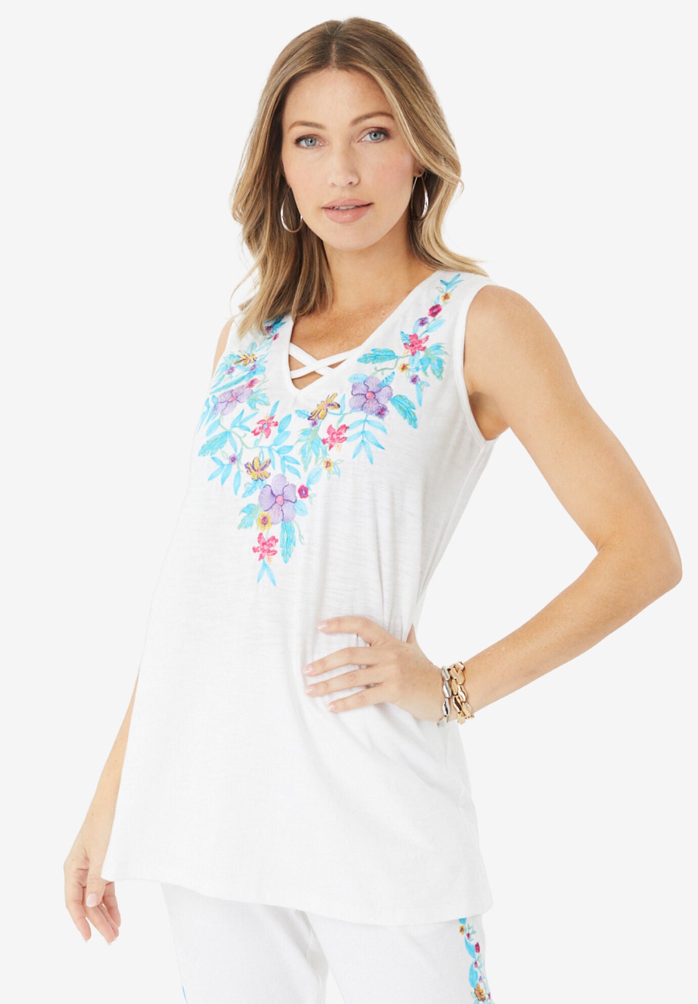 Embroidered Crisscross V-Neck Tank, WHITE TROPICAL VINE, hi-res image number 0