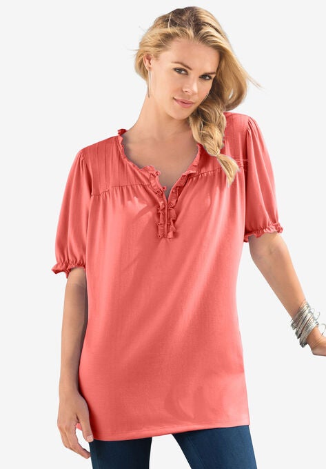 Ruffled Henley Tee, SUNSET CORAL, hi-res image number null