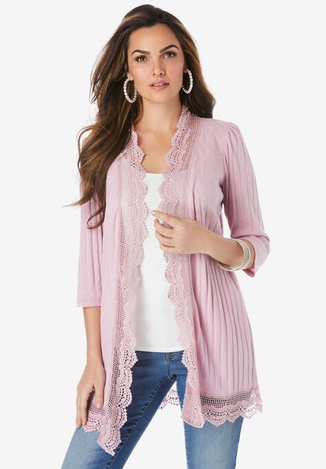 Crochet Trim Cardigan, LIGHT BERRY, hi-res image number null