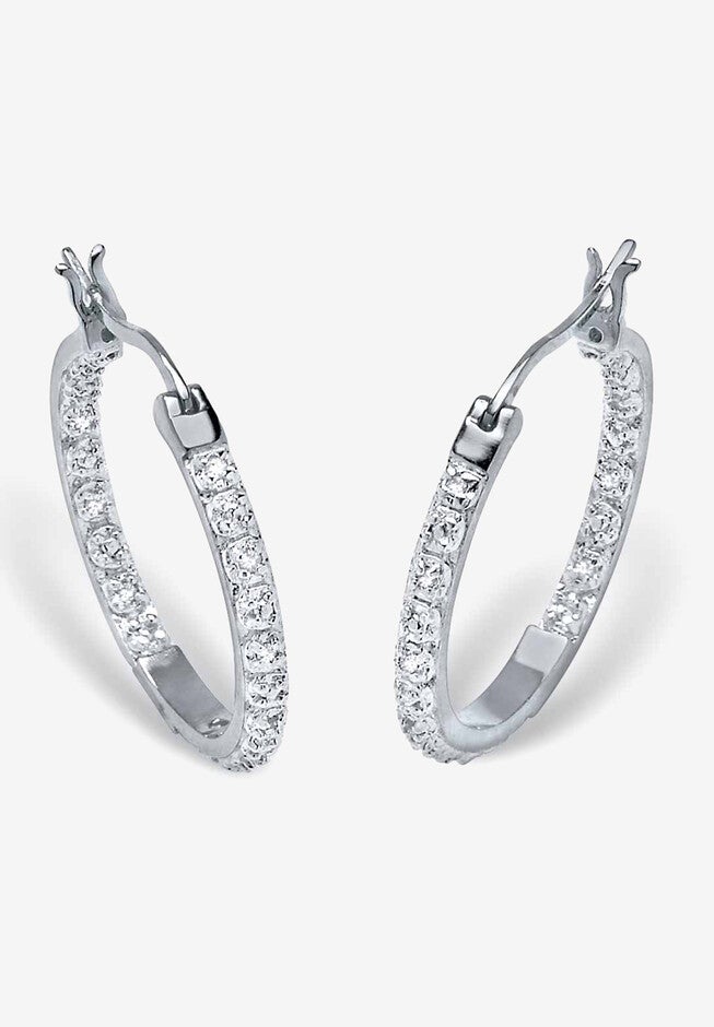 Platinum over Sterling Silver Genuine Diamond Hoop Earrings, SILVER, hi-res image number 0