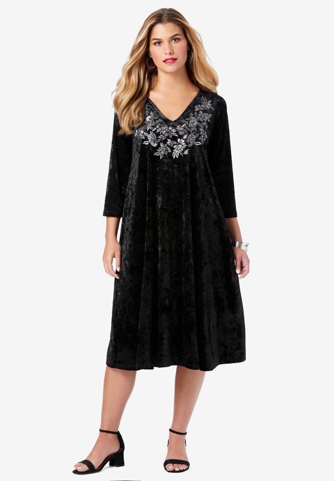 Embroidered V-Neck Knit Dress, BLACK ROMANTIC BLOOM, hi-res image number null