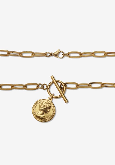 Paperclip Necklace Set Gold Ion-Plated Stainless Steel With Coin Pendant, , on-hover image number null
