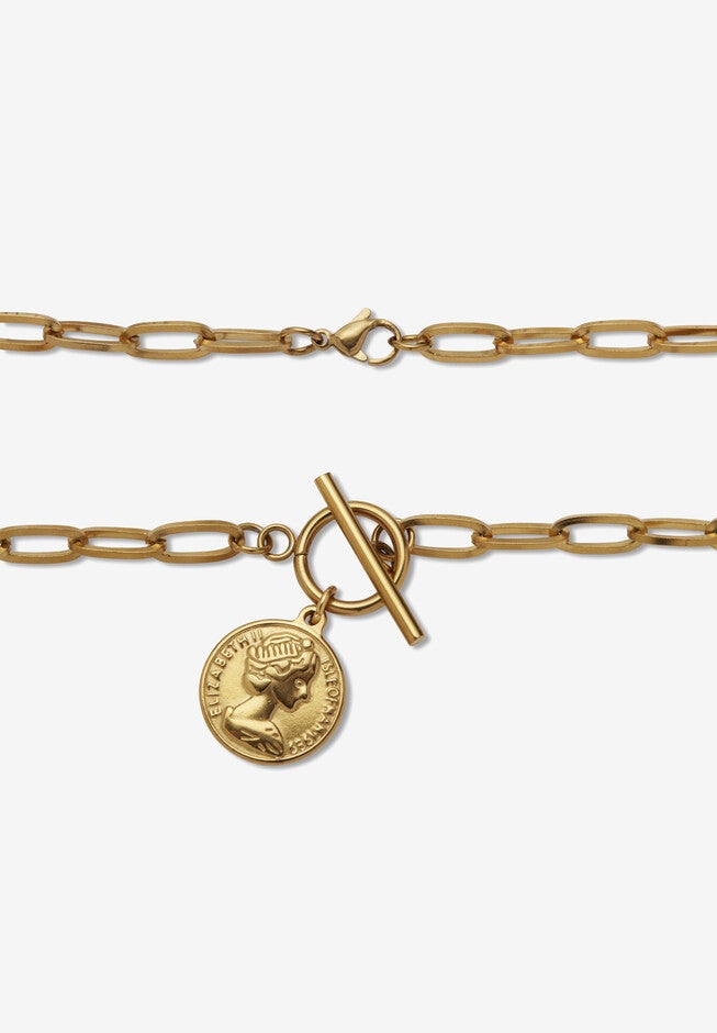 Paperclip Necklace Set Gold Ion-Plated Stainless Steel With Coin Pendant, , on-hover image number 1