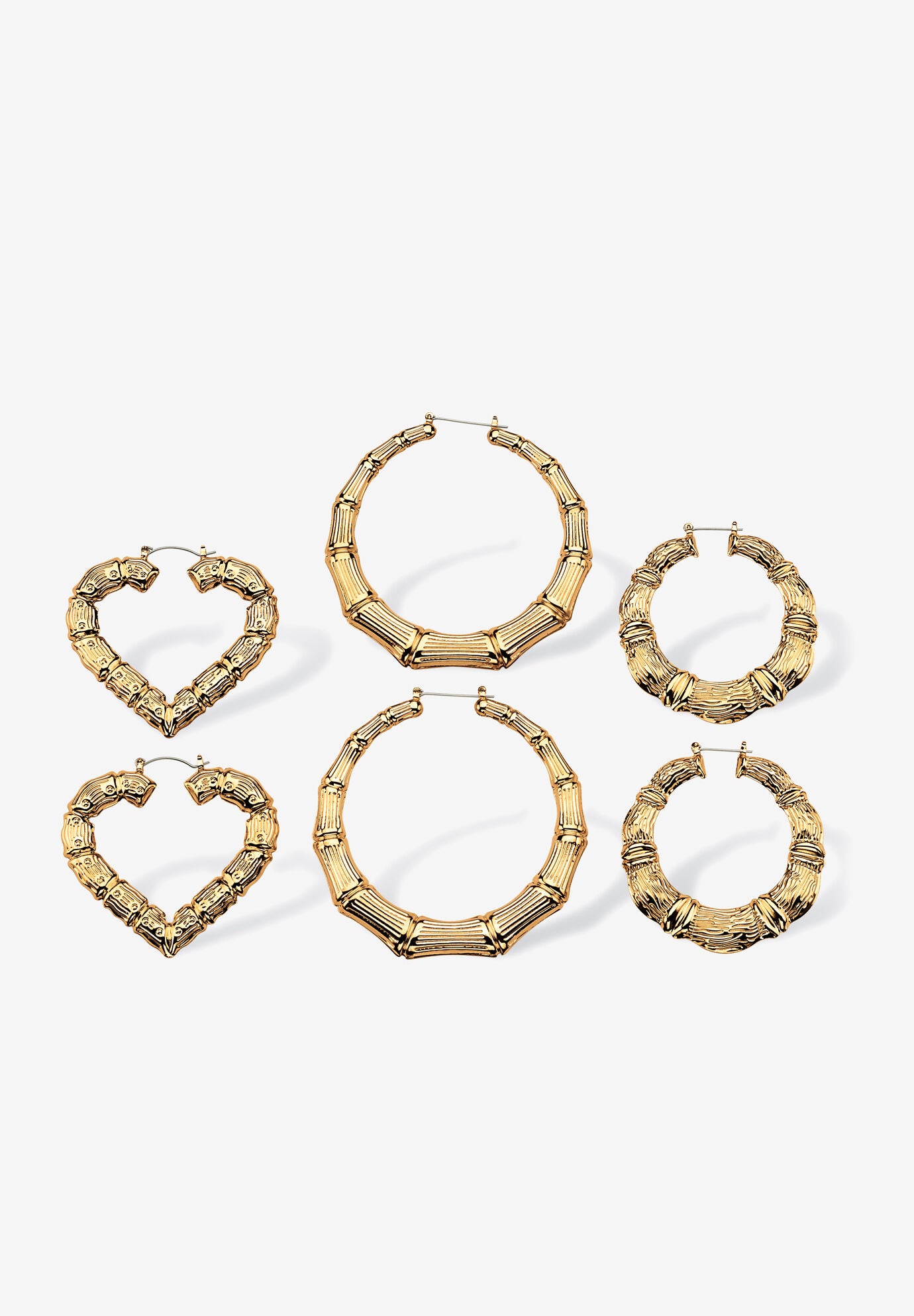Gold Tone 3 Pair Bamboo Hoop Earring Set, , on-hover image number 1
