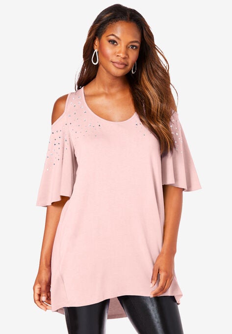 Cold-Shoulder Ultra Femme Tunic, SOFT BLUSH RHINESTONE, hi-res image number null