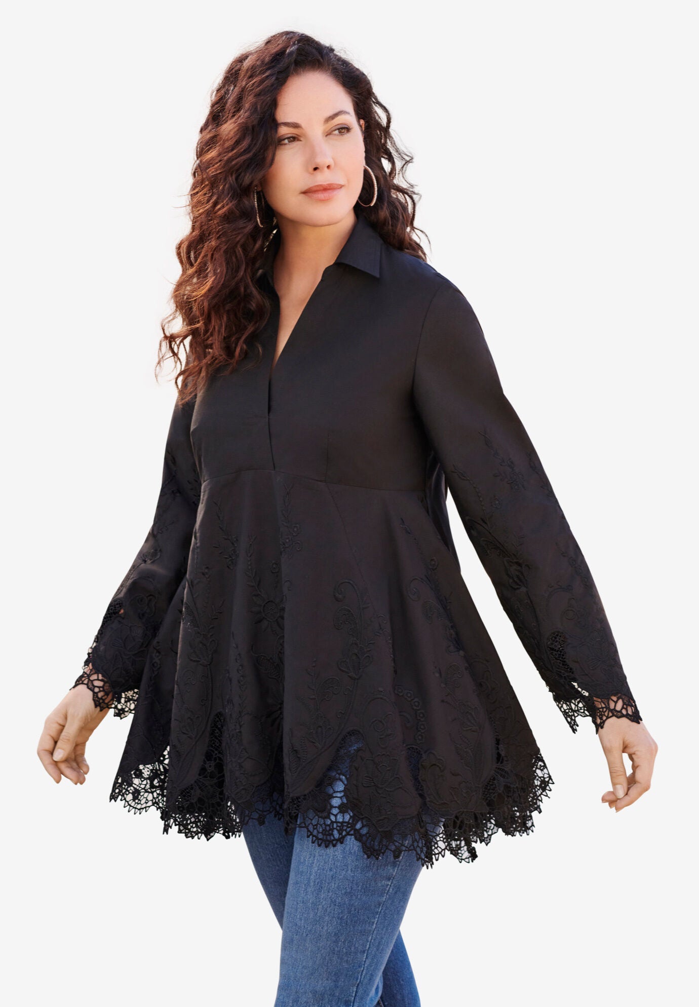 Poplin Embroidered Swing Tunic, BLACK, on-hover image number 1