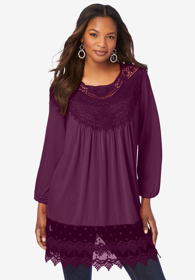 Scoopneck Lace Bib Tunic, DARK BERRY, hi-res image number 0