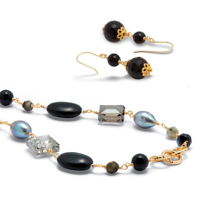 Genuine Black Onyx Goldtone Jewelry Set, BLACK, on-hover image number null