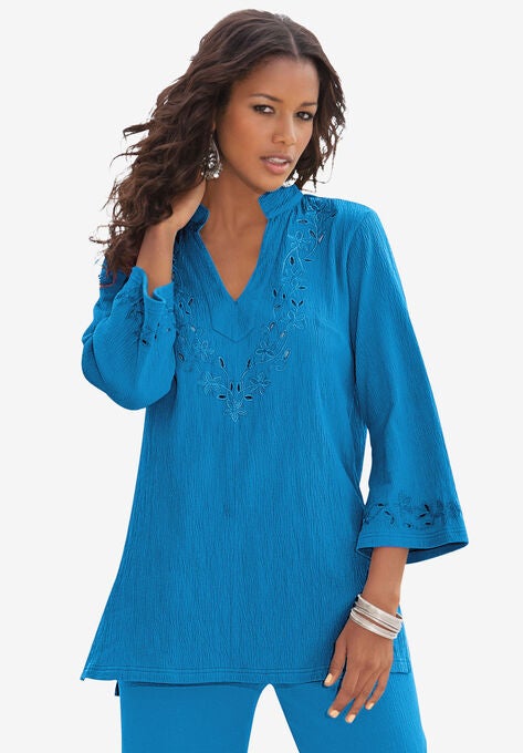 Eyelet Cutout Crinkle-Knit Gauze Tunic, VIBRANT BLUE, hi-res image number null