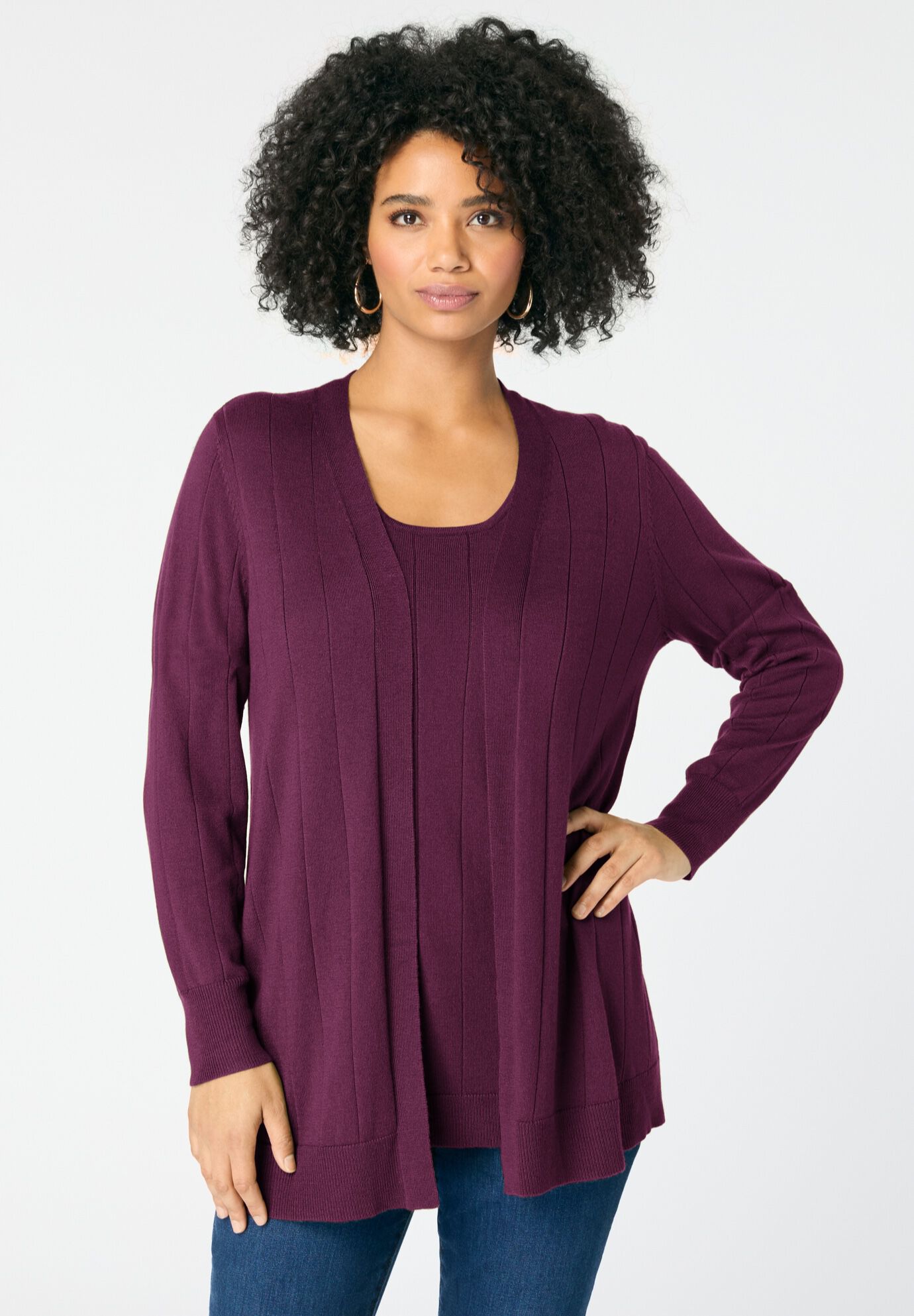 Plus Size Drop Needle Cardigan Lightweight Sweater Knit, DARK BERRY, alternate image number 3