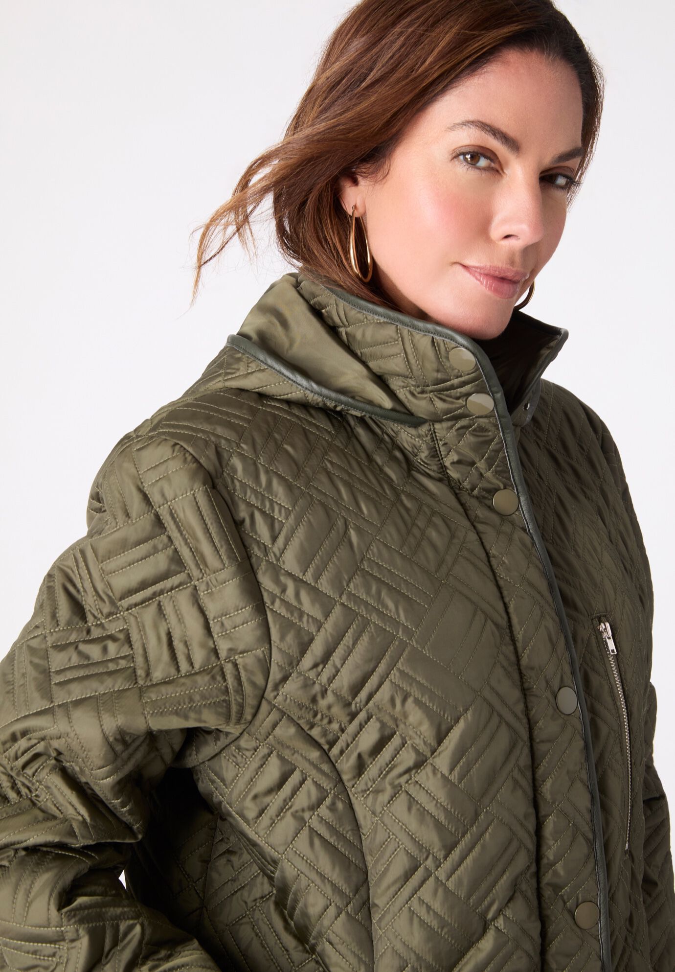 Plus Size Leather Trim Quilted Jacket, DARK OLIVE GREEN, alternate image number 3
