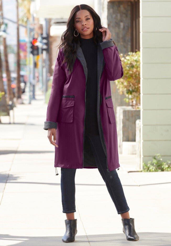 Plus Size Knee Length Hooded Nylon Jacket, DARK BERRY, hi-res image number 0