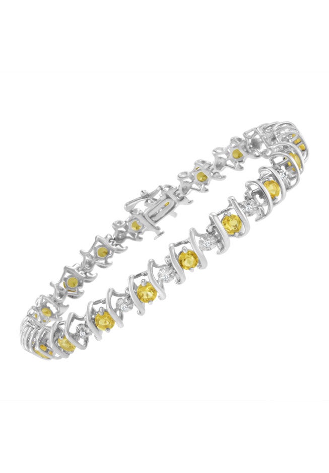 Sterling Silver Gemstone & Round Diamond Tennis Bracelet Citrine November Birthstone, , alternate image number null