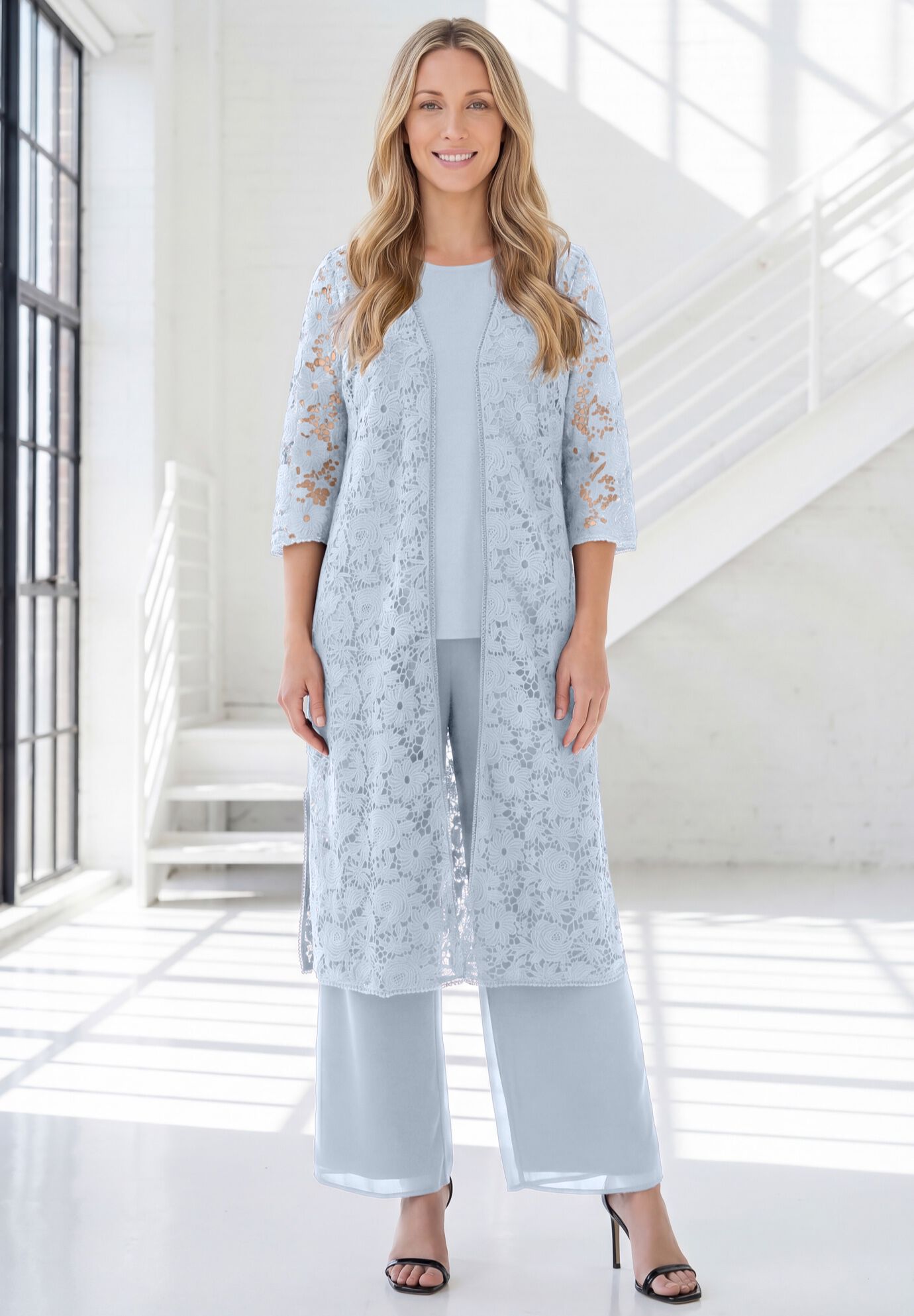 Plus Size 3-Piece Allover Lace Duster Pant Set &ndash; Formal Wear