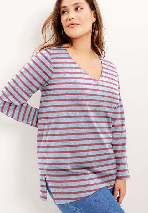 Long-Sleeve V-Neck One + Only Tunic, SHADOW ROSE HEATHER STRIPE, hi-res image number null