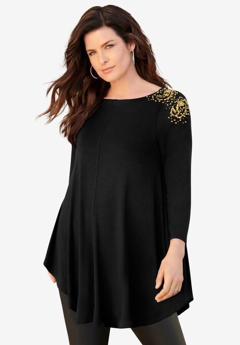 Boatneck Swing Ultra Femme Tunic, BLACK RHINESTONE PAISLEY, hi-res image number null