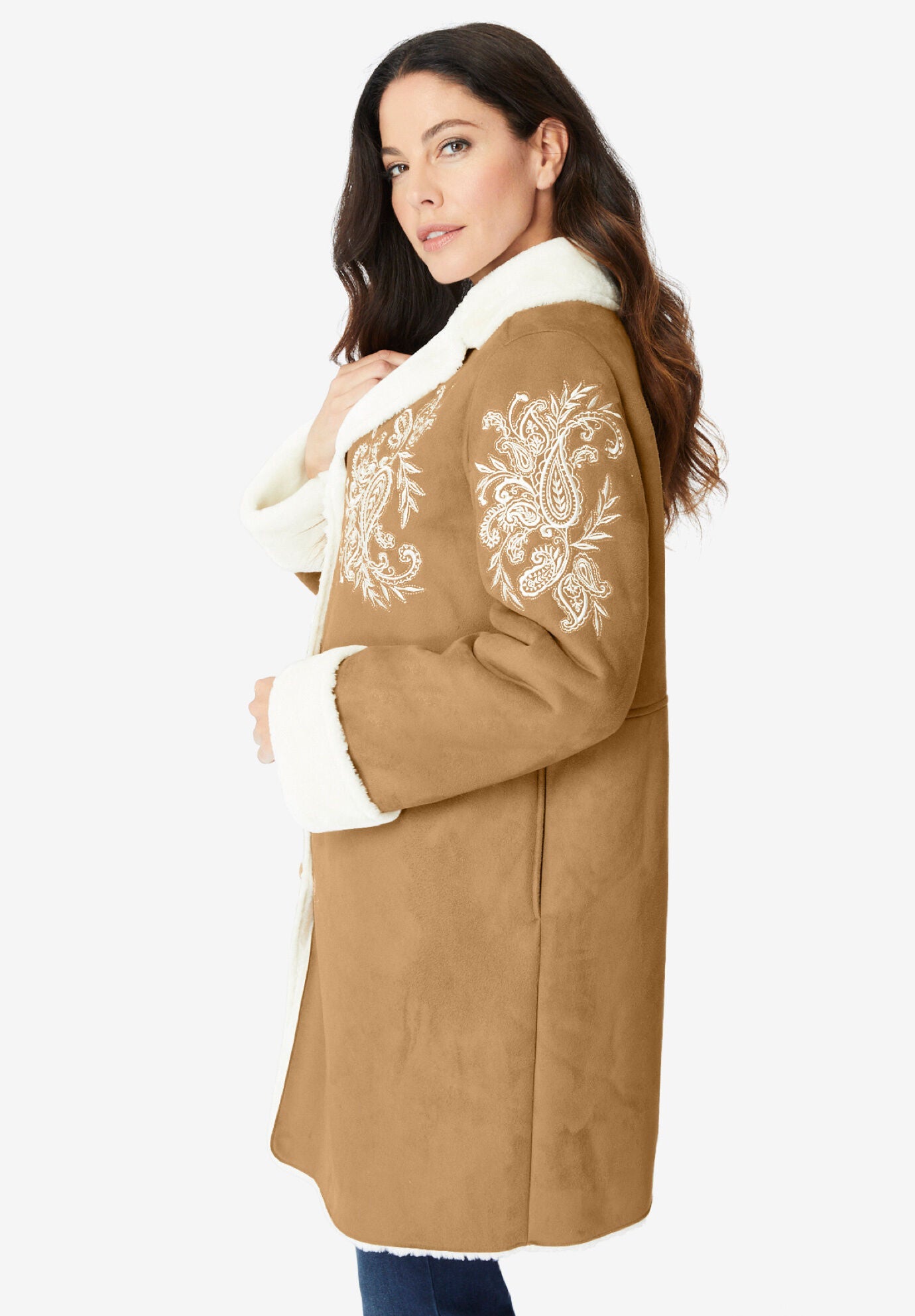 Embroidered Faux Shearling Coat., , alternate image number 2