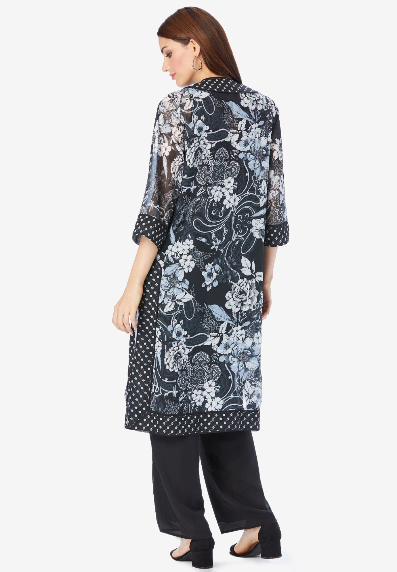 Plus-Size 3/4 Sleeve 3 Piece ITY Printed Duster Pant Set, BLACK LAYERED PAISLEY, on-hover image number 1