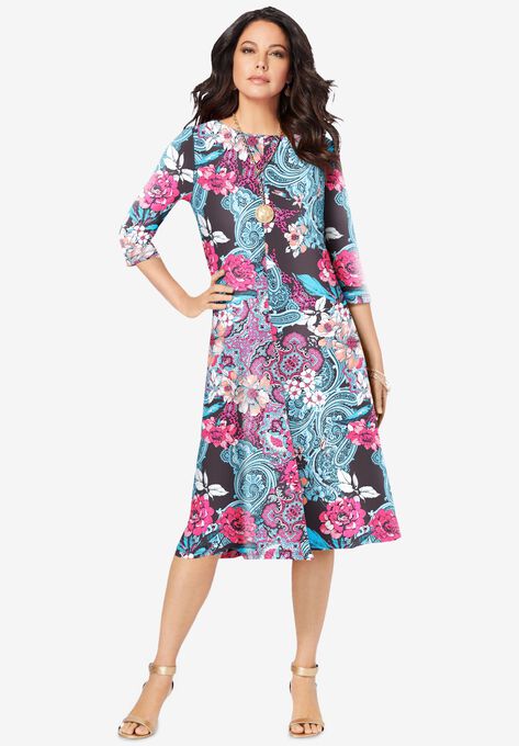 Ultrasmooth® Fabric Boatneck Swing Dress, OCEAN PAISLEY GARDEN, hi-res image number null