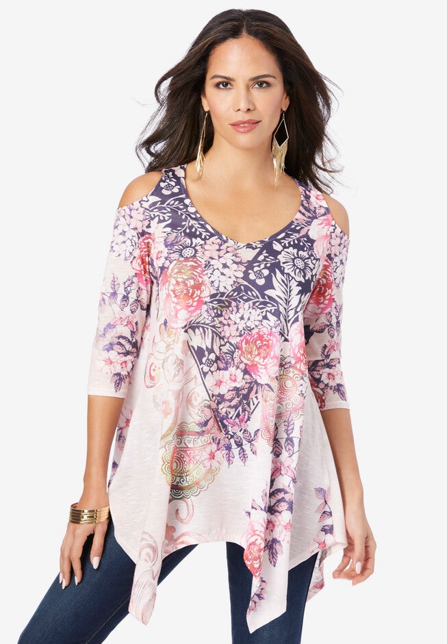 Printed Cold-Shoulder V-Neck Tunic, PINK FLORAL PAISLEY, hi-res image number null