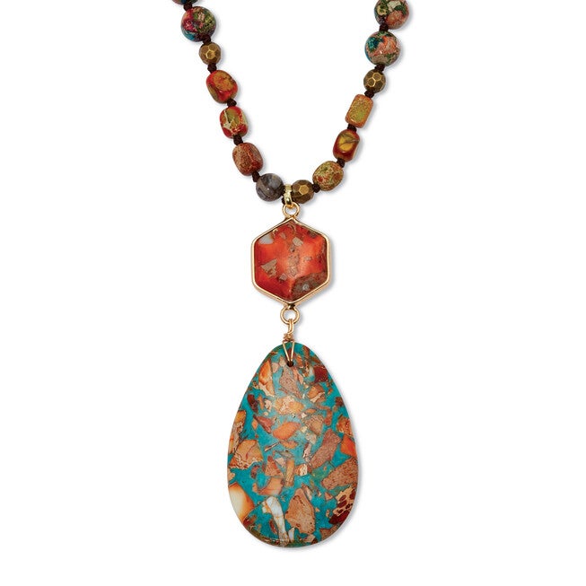 Genuine Jasper Goldtone Drop Pendant Necklace 34-inch, TURQUOISE, hi-res image number null