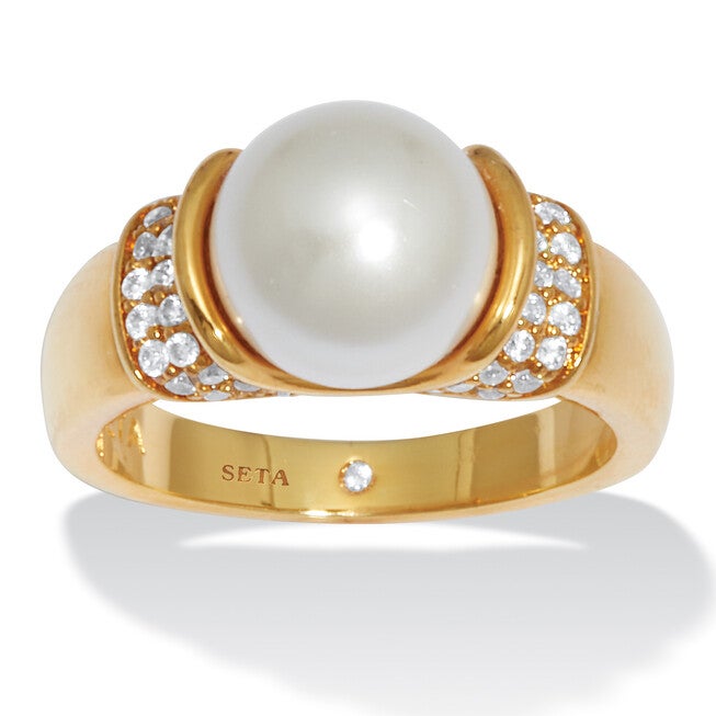 .32 TCW Round Simulated Pearl and CZ Accent Yellow Gold-Plated Ring (2/5 inches), WHITE, hi-res image number null