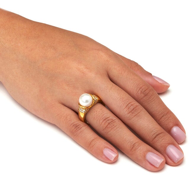 .32 TCW Round Simulated Pearl and CZ Accent Yellow Gold-Plated Ring (2/5 inches), WHITE, alternate image number null