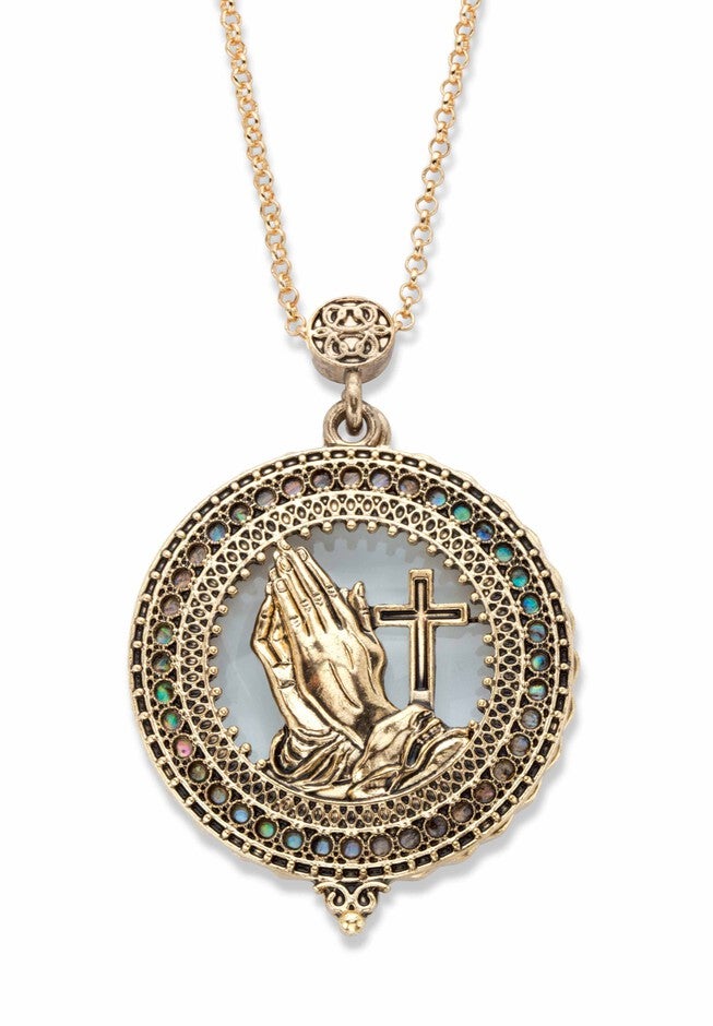 Goldtone Antiqued Praying Hands Locket Magnifier Pendant Necklace 30 inches, , alternate image number null