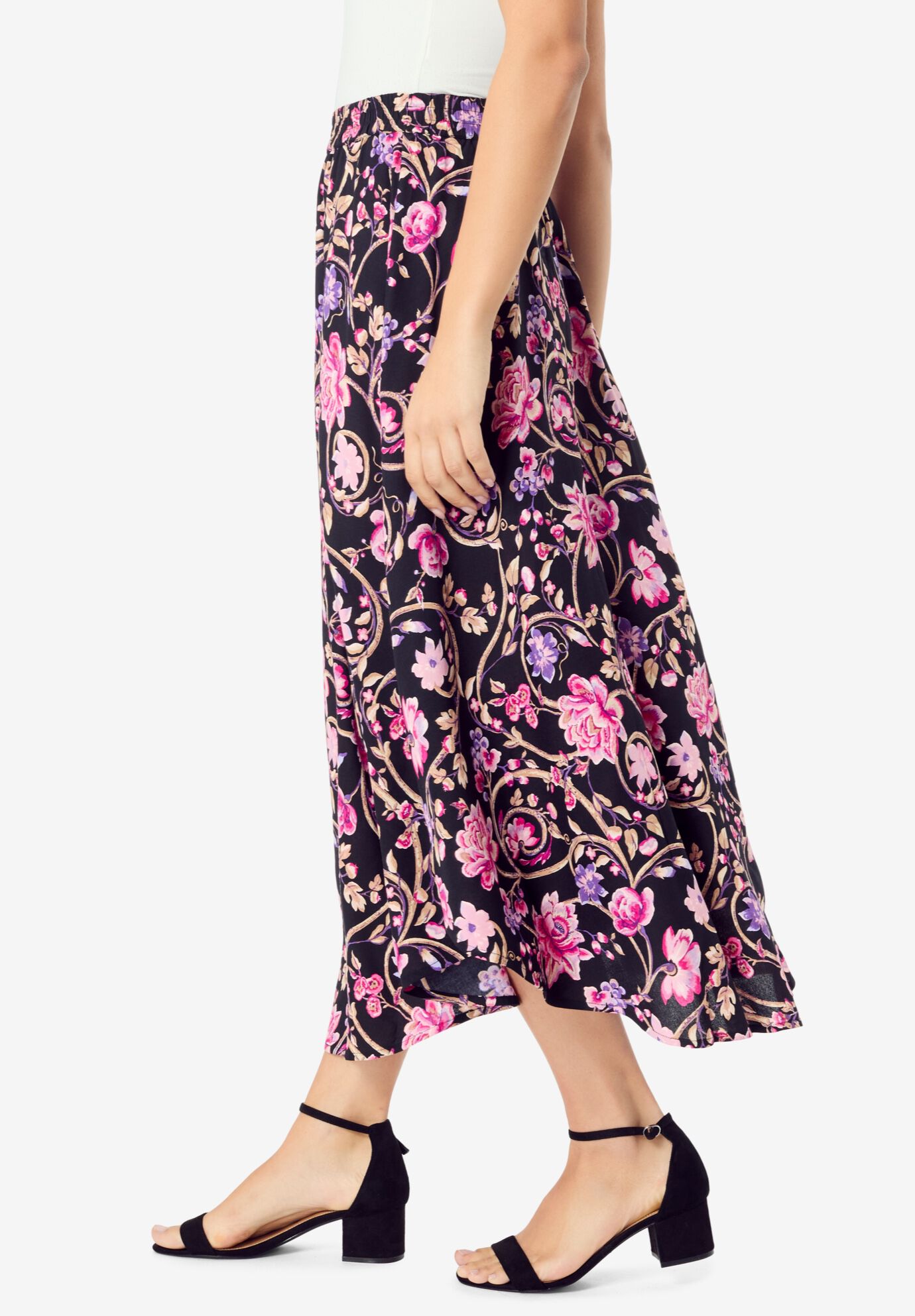 Plus Size Asymmetrical Hem Skirt, BLACK ETERNAL BLOOM, alternate image number 2