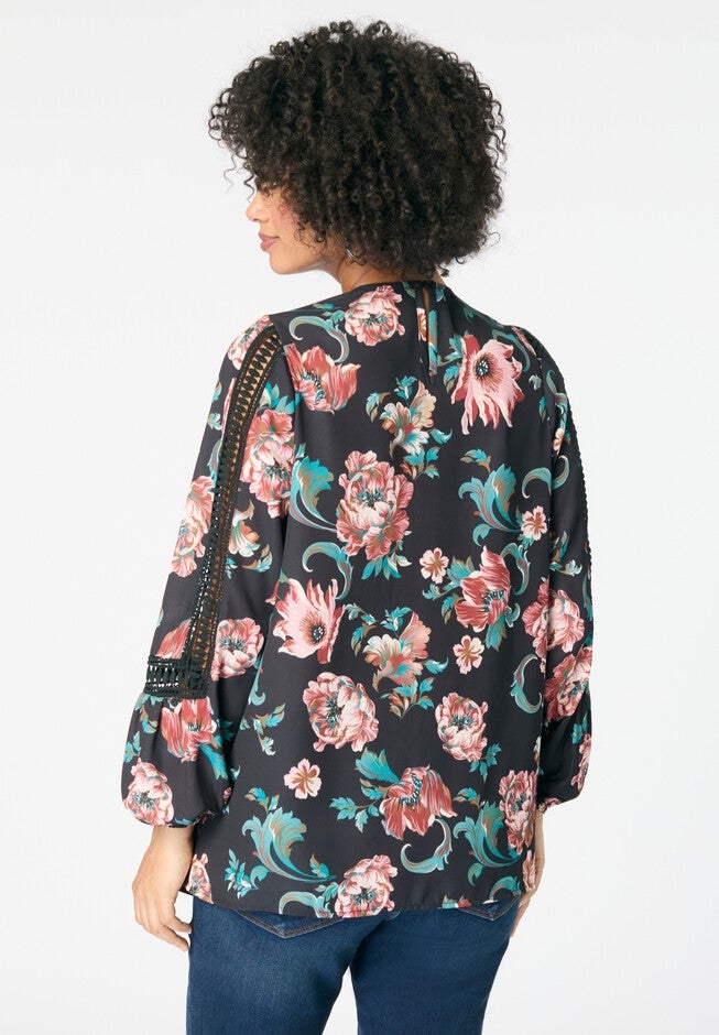 Lace-Trim Blouson-Sleeve Top, BLACK SCROLL GARDEN, alternate image number 2