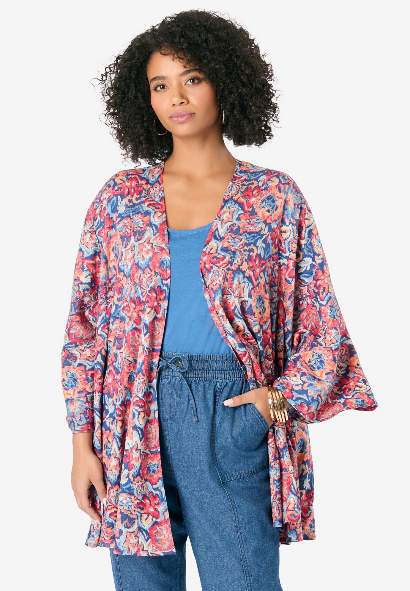 Printed Kimono, DARK BLUE IKAT FLORAL, hi-res image number 0