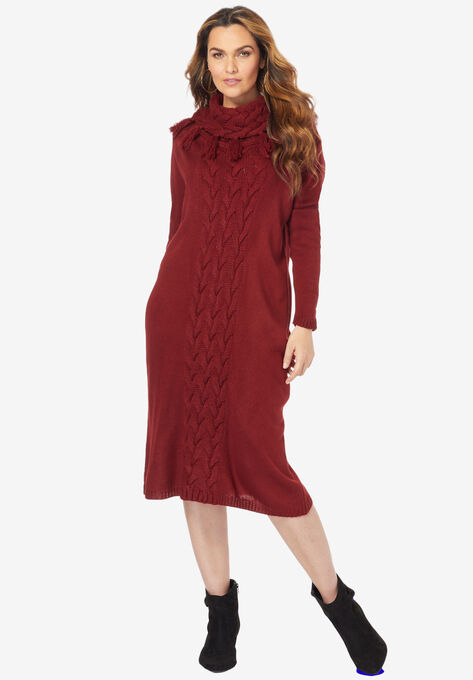 Fringed Cowl-Neck Sweater Dress, RICH BURGUNDY, hi-res image number null