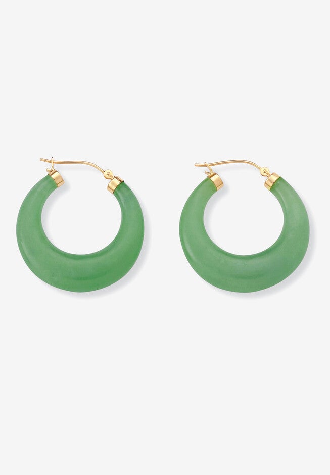 Goldtone Over Sterling Silver Genuine Green Jade Hoop Earrings (31Mm) Jewelry, JADE, hi-res image number 0